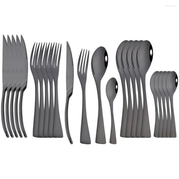 Geschirr-Sets 24-teiliges glänzendes schwarzes Set Steakmesser, Gabel, Kaffeelöffel, Besteck, Edelstahlgeschirr, westliches Küchenbesteck