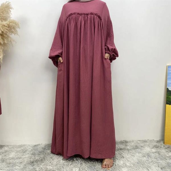 Etnische kleding gesloten abaya pofmouwen franje moslimvrouwen lange jurk effen kleur islamitische dubai turkse hijabi gewaad bescheidenheid ramadan