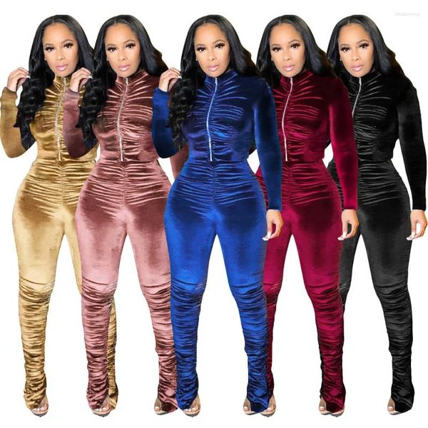 Calças femininas outono fahsion casual conjunto zíper hoodies ruched esporte agasalho duas peças roupa ativo sweatsuit preto ouro