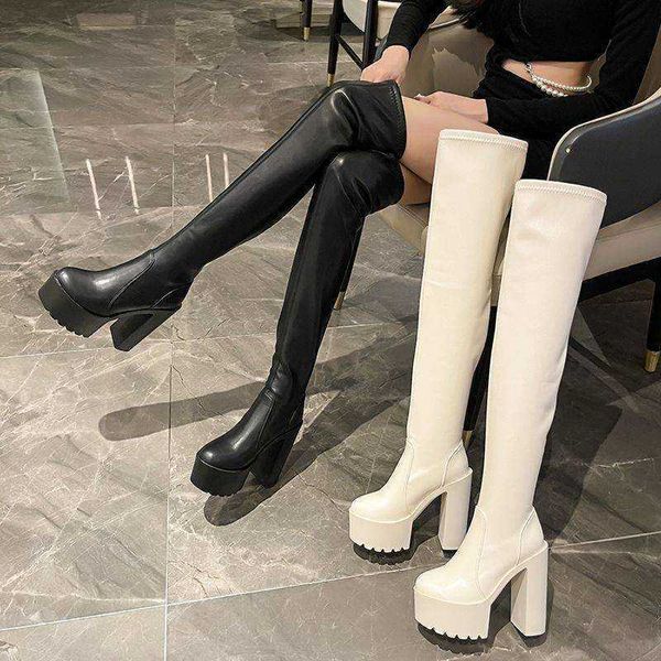 Stiefel Damen Lange Stiefel Neue Herbst/Winter 14 cm Dicker Absatz Über Knie Lange Stiefel Ultra High Heel Wasserdichte Plattform Elastische Lederstiefel