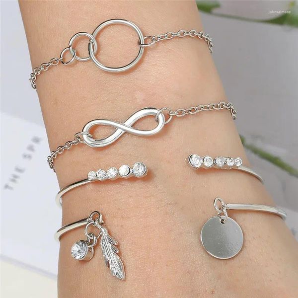 Link Armbanden Boheemse Zilveren Kleur Ronde Infinity Voor Vrouwen Sequin Leaf Crystal Charm Bangles Sets Sieraden Accessoires