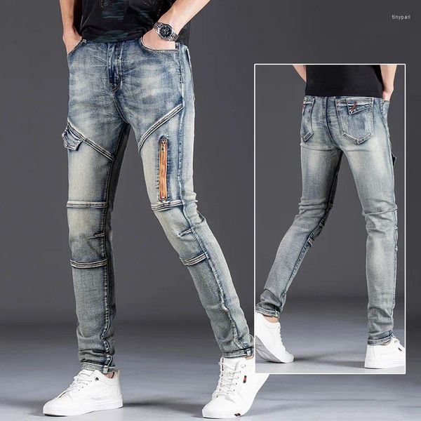 Jeans da uomo Denim Fashion Brand Design sottile Stile motociclistico Pantaloni lunghi con motivo retrò con cerniera personalizzata Zattera