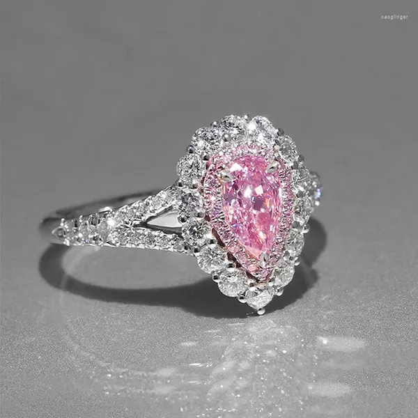 Anéis de casamento Caoshi luxo gracioso anel de dedo senhora acessórios de noivado com pedra de cristal de zircônia rosa brilhante jóias elegantes para