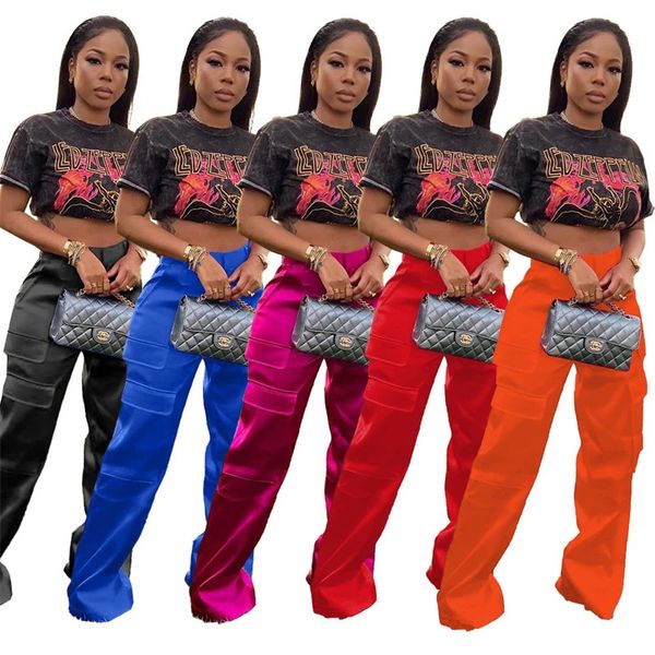 Calças femininas s seda cetim bolsos carga mulheres streetwear cintura alta botão voar calças retas moda boutique roupas atacado 231102