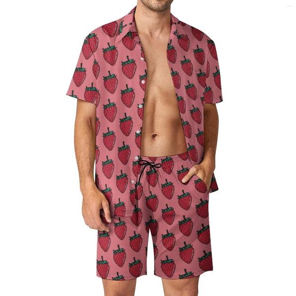 Tute da uomo STRAWBERRY ROSE Set da uomo Camicia casual da frutta Set Pantaloncini da vacanza alle Hawaii Abito grafico estivo Abbigliamento in due pezzi Grande