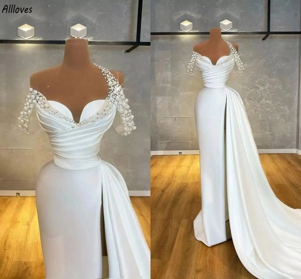 Pérolas brancas Simpe cetim bainha vestidos de casamento Dubai Arábia Saudita Alças Coxa Split Sexy Vestidos de Noiva Tribunal Trem Vestido de Recepção de Noiva Vestidos CL2873