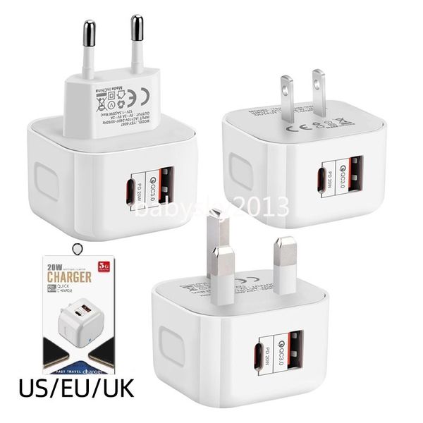 Carregador rápido rápido de 20 W Tipo c PD USB-C Carregador de parede Portas duplas UE EUA Reino Unido Adaptador de energia para iPhone 11 12 13 14 15 Samsung Huawei Xiaomi com caixa b1