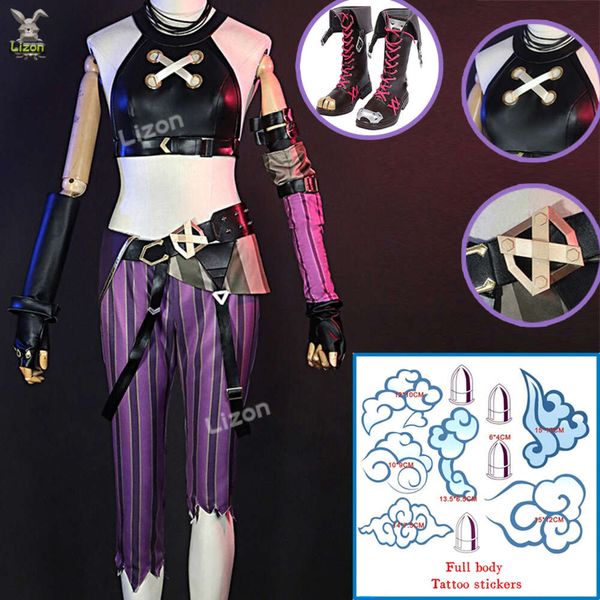 Lol traje uniforme roupas com adesivos de tatuagem halloween carnaval terno jinx cosplay peruca cosplay