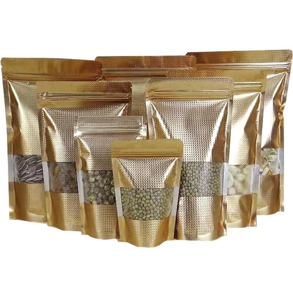 Sacos de armazenamento 100pcs/lote de alumínio em relevo em ouro saco de pé com janela fosca selo self lurac Notch Doypack Food Coffee Pack Pack
