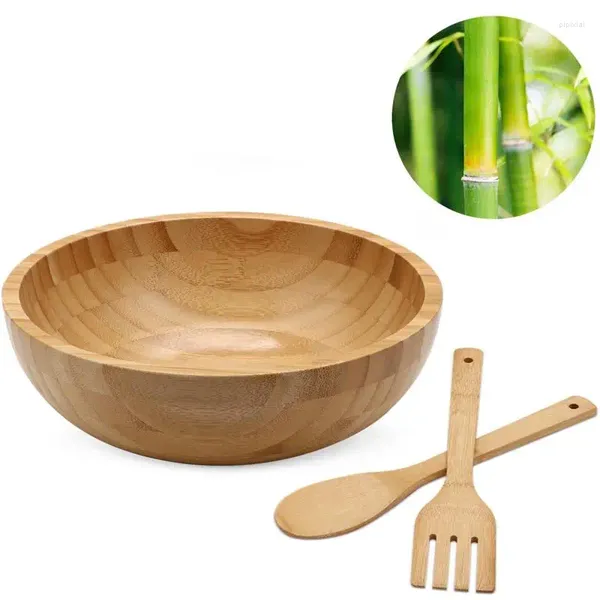 Schüsseln, 25,4 cm, abgerundete Bambus-Salatschüssel mit 2 Servierutensilien, Löffel, großer Holzbehälter, natürliches Mischen, Küchenutensilien aus Holz