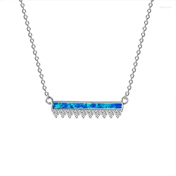 Anhänger Halsketten Vintage Weibliche Blaue Opal Halskette Klassische Silber Farbe Kette Für Frauen Einfache Braut Grometry Hochzeit