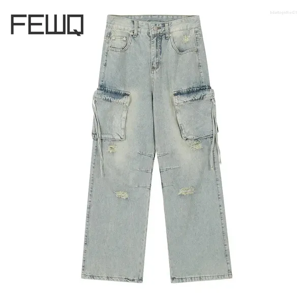 Jeans da uomo FEWQ Design lavato Cuciture Allentate Casual Multi tasche Gamba dritta 2023 Pantaloni vintage in pizzo maschile Autunno 24X2027