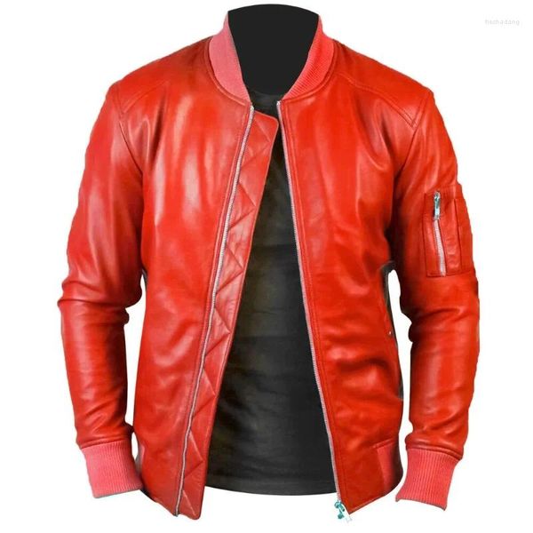 Jaquetas masculinas couro genuíno vermelho pele de cordeiro bombardeiro jaqueta artesanal elegante