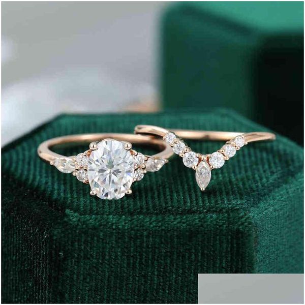 Anéis cxsjeremy 14k conjunto de noivas de ouro rosa 1,5ct corte oval de 6x8 mm banda de anel de noivado de moissanite feminino grop antique deli dhgarden dhcsv
