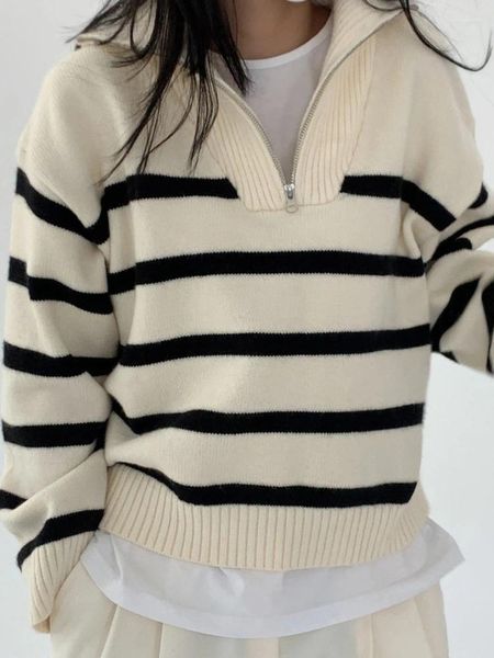 Suéteres femininos outono camisola gola alta listrado solto casual coreano zíperes pulôver moda oversized feminino 2023 malhas