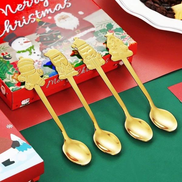 Colheres de café de aço inoxidável colheres de natal do agregado familiar dos desenhos animados papai noel boneco de neve colher de sobremesa natal festa ano utensílios de mesa decoração