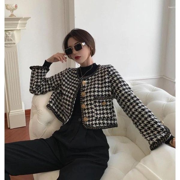 Jaquetas femininas o-pescoço pequena fragrância casaco jaqueta feminina 2023 outono coreano chique houndstooth design tops longo luz flare manga elegante