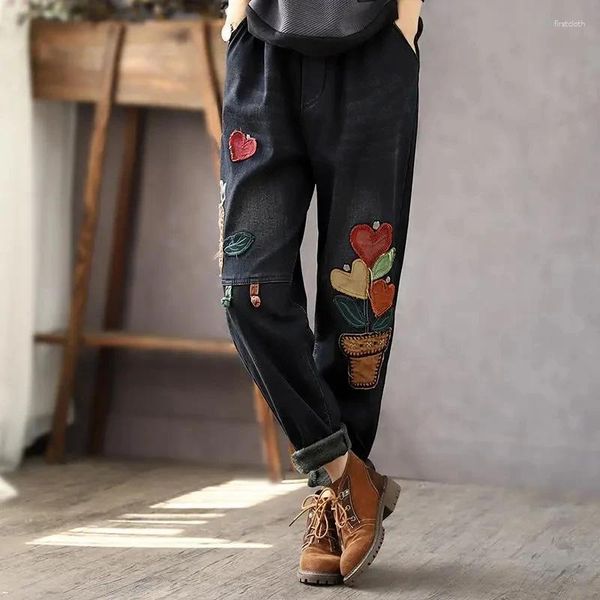 Calças de brim femininas das mulheres 2023 inverno solto vintage bordado thinck quente coreano senhoras moda dos desenhos animados calças jeans casuais harem