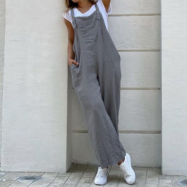 Damen Overalls Adisputent Damen Hosenträger Strampler Overalls Vintage Baumwolle Playsuits Lange Taschen Breites Bein Hose Combinaison Oversize