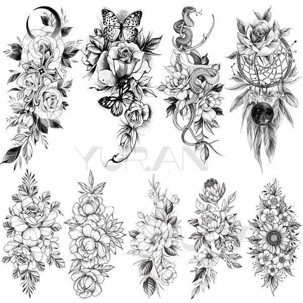 Tatuaggi temporanei Grande flora Tatuaggi temporanei per le donne Ragazze Farfalla Serpente Girasole Dream Catcher Piuma Adesivo tatuaggio finto Braccio Corpo Tatoo Z0403