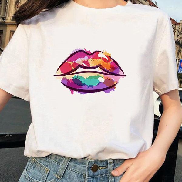 Damen T-Shirts Damen Sommer Kurzarm T-Shirt für das Shirt Lady Harajuku O-Ausschnitt Top Damen Lustige Big Lips T-Shirts Leopardenmuster