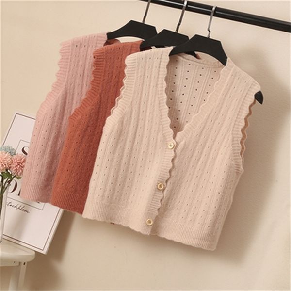 Damenwesten Koreanischer Damenpullover Tanktop Einzelbrust Kurzer Spitzenpullover V-Ausschnitt Süßes Mädchen Student Frühling Gestricktes Ärmelloses Oberteil 230403