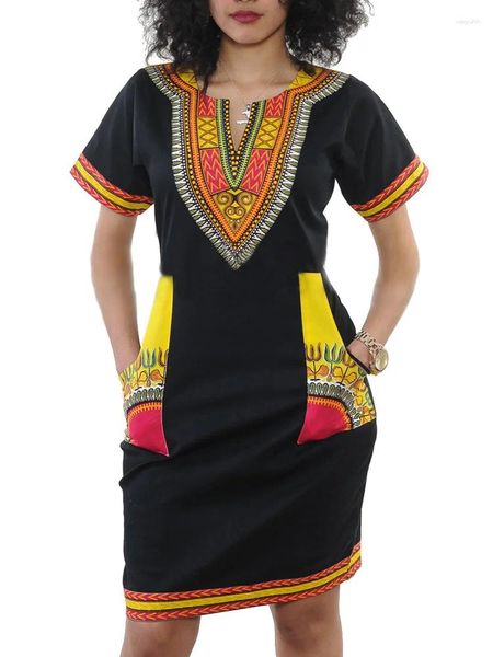 Vestidos casuais para mulheres alta elástica impressão tribal bolso design envolto hip bodycon vestido vestidos de mujer mini robe feminino