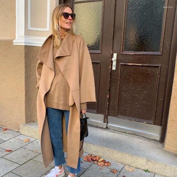 Mulheres Trench Coats Mulheres Casaco De Lã Longo Oversized Windbreaker Maxi Jaquetas Vintage Bolsos Mangas Sólidas Roupas de Outono