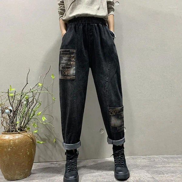 Jeans femininos estilo étnico cintura alta magro lanterna calças 2023 outono inverno moda feminina elástica solta pelúcia quente harem