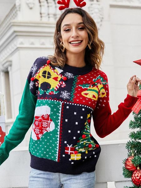 Kadın Sweaters Noel Süveteri 2023 Çirkin Kadın Noel Ağacı Çan Renk Bloğu Gevşek Kazak Üst Jumper Sonbahar Kış 39942