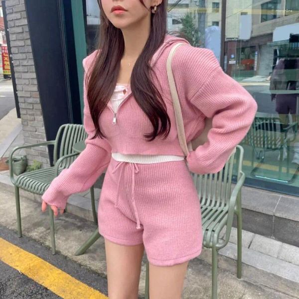 Frauen Shorts Südkorea Chic Herbst Süße Temperament Zipper Gestrickte Kurzen Mantel Hohe Taille Spitze-up Zwei-stück set