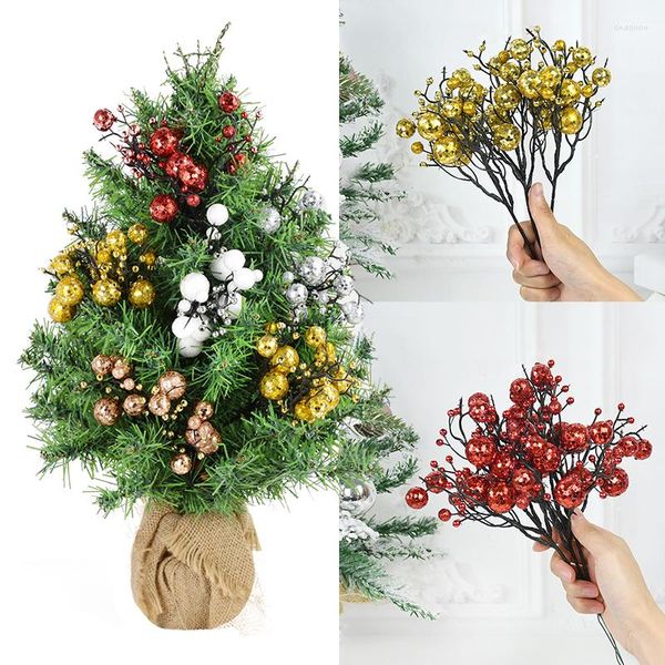 Fiori decorativi 1/2 pezzi Simulazione di Natale Paillettes Bacca Finto Glitter Polvere d'oro Bacche Ramo Albero di Natale Disposizione dei fiori Decor