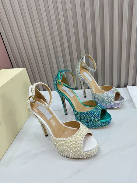 Alta qualidade coberta em cristal pérola salto alto sandálias femininas plataforma sólida peep toe estilingue fivela cinta traseira verão moda sexy moda nova j0