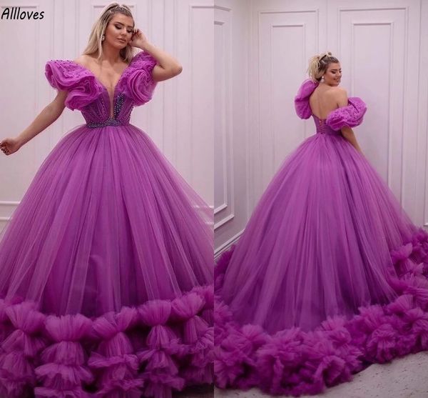 Dubai Arabisch Lila Tüll Ballkleid Ballkleider Sexy Schulterfrei Pailletten Perlen Abendkleider Für Besondere Anlässe Korsett Zurück Übergröße Rot Gala Formelle Kleidung CL2882