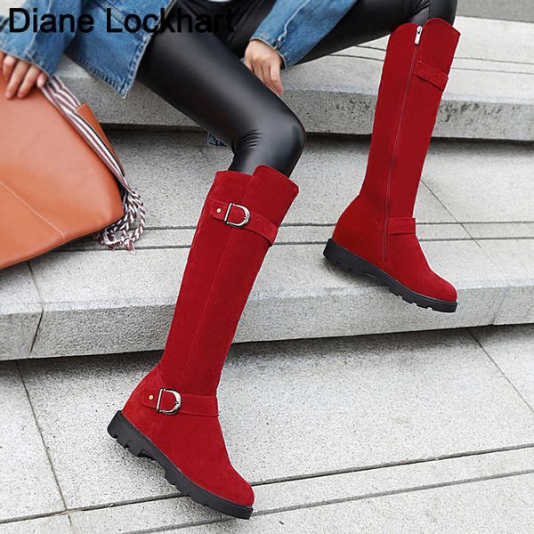 Autunno Inverno Flock Appartamenti da donna Stivali alti al ginocchio Punta tonda Fondo spesso Donna Stivali lunghi Moda Fibbia per cintura Bottes Calzature 43 230403