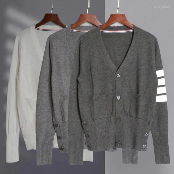 Malhas femininas outono 4 botões com decote em v cashmere tricô mulheres casais mesmo estilo listra camisola senhora do escritório fino ajuste casaco cardigan mujer