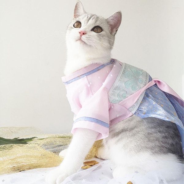 Trajes de gato vestido de roupas de animais de estimação roupas chinesas de estilo nacional chinês adorável saia anti-areia para cães pequenos suprimentos de verão