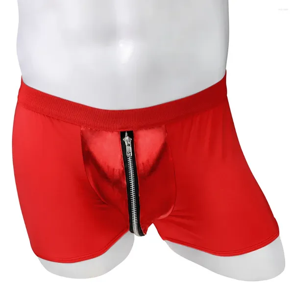 Mutande da uomo Divertenti U Convex Pouch Intimo Gay Moda Vita media Boxer Sissy Ice Seta Pelle Cerniera Arp Pantaloni Bottoms Mutandine