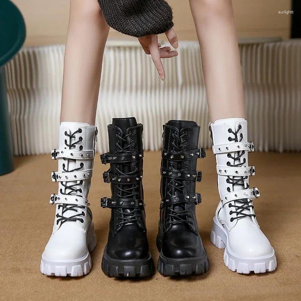 Sapatos de vestido meados de bezerro mulheres outono inverno moda rendas-up zíper botas mujer botas plataforma esportiva salto senhoras joelho alto