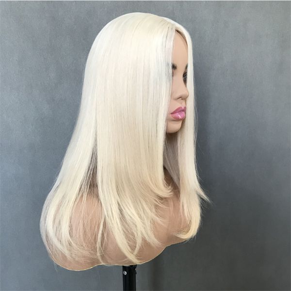 Cabelo humano da Virgem da Malásia Silky reta Blonde cor #60 4x4 Silk Top Jewish Wig para mulheres brancas