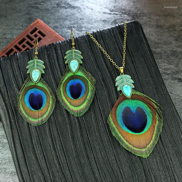 Brincos dangle de estilo étnico Green Natural Peacock Colar Pingente de pendente para mulheres Jóias de conjunto da moda