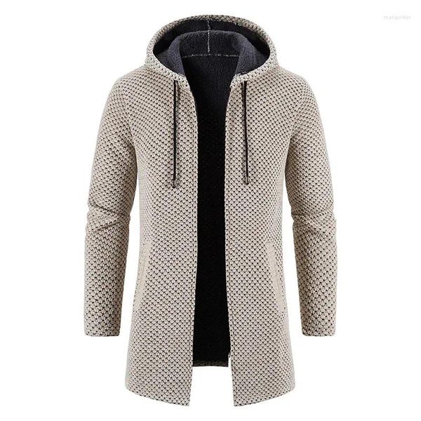 Camisolas masculinas homens longo cardigan camisola casaco com capuzes 2023 outono inverno velo quente zíper sólido casual malhas roupas