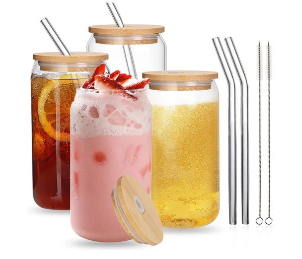 USA Ca Lagerwasser mit Bambusdeckel Strohbürste 4 -Stück Set 16oz Dose Ice Coke Cup Clear Frosted Glass 4.23