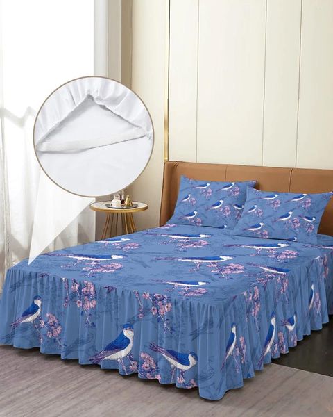 Gonna da letto Uccelli sui rami di fiori di pruno Copriletto elastico con federe Coprimaterasso Set lenzuolo