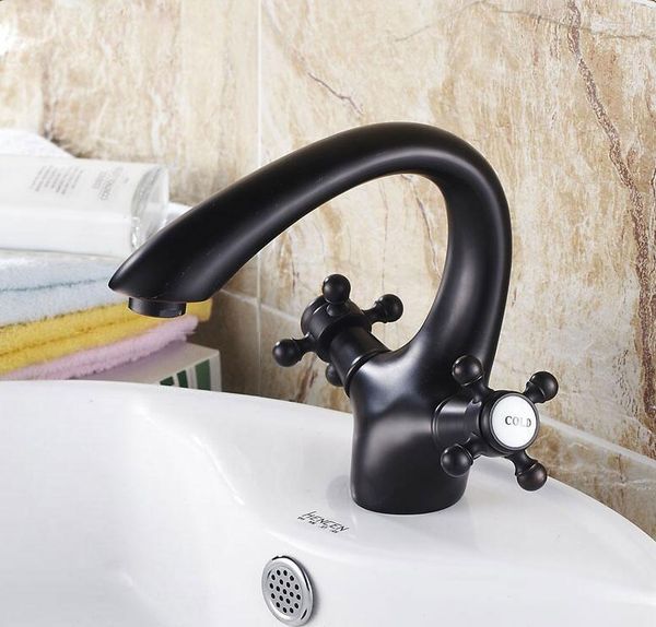Смесители раковины в ванной роскошные европейские стиль ретро черный бронзовый смеситель смеситель краны на палубе монтированные двойные ручки Swan B3226