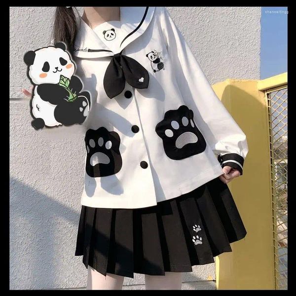 Arbeitskleider Kawaii Damen Zweiteiliges Set Kontrastfarbe Panda-Muster Umlegekragen Hemd Hohe Taille A-Linie Faltenrock Preppy-Stil