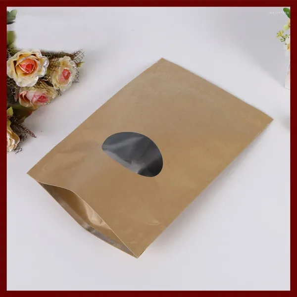 Bolsas para joias 500 tamanhos 17x24, saco de papel kraft marrom com janela redonda, zíper/zip lock, sacos de embalagem para presentes/chá