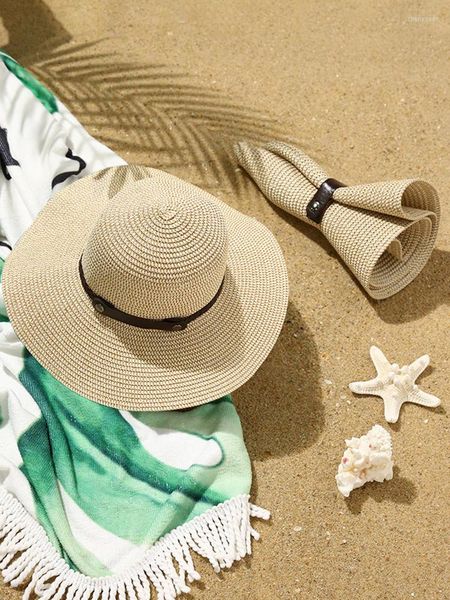 Chapéus largos da borda Mulheres de verão Protecção solar enrolada por palha de palha