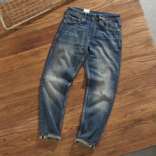 Erkek kotları 14 oz ağır siklet kenarı denim kıyafetler bıyık yıkanmış sıkıntılı retro pantolon rahat pantolon gevşek konik