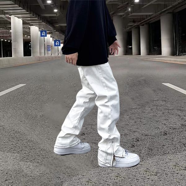 Мужские джинсы мужские джинсы хип -хоп белые брюки с флеш -брюками свободная сторона на молнии на молнии.